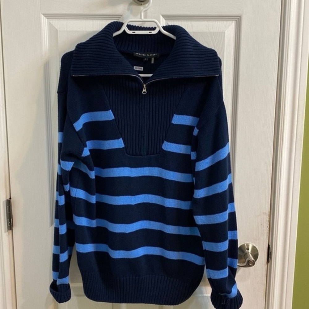English Factory Cotton Zip Striped Blue Sweater Heavy Knit Winter Womens Large - Picture 2 of 9